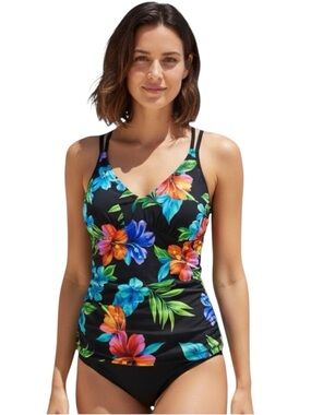 Miraclesuit Floral Tankini Black Size 8 Slimming Hawaiian Tropical Poolside
